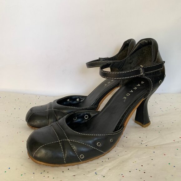 Parade VTG Y2K Black Leather Mary Jane d'Orsay Heels White Contrast Stitching 9 - Picture 7 of 16
